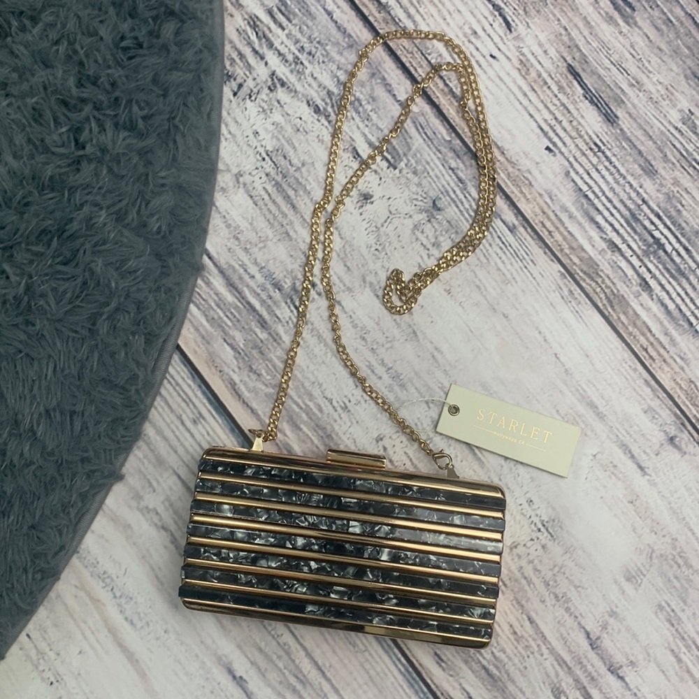 Vintage Style Gold Metal Grey Acrylic Clutch or Cross Body Purse by Starlet